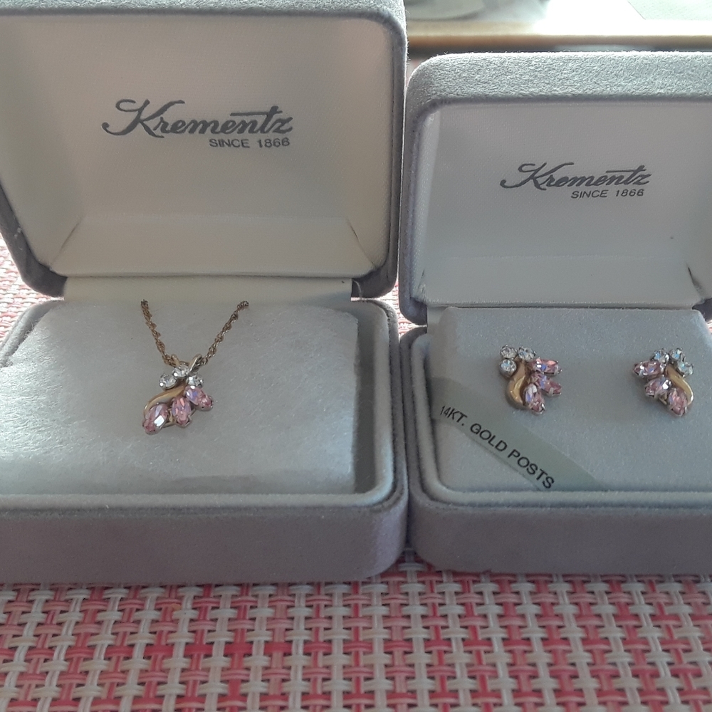 Krementz 18" Gold Necklace and Earrings w/Pink Crystal and Cubic Zirconia